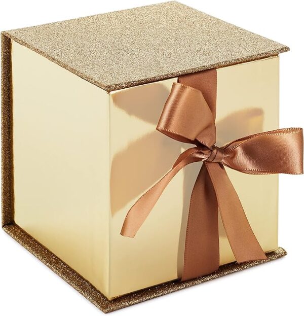 Hallmark Small Gift Box with Bow and Shredded Paper Fill (Gold Signature 4 inch Gift Box with Glitter) for Weddings, Graduations, Bridal Showers, Anniversaries, All Occasion